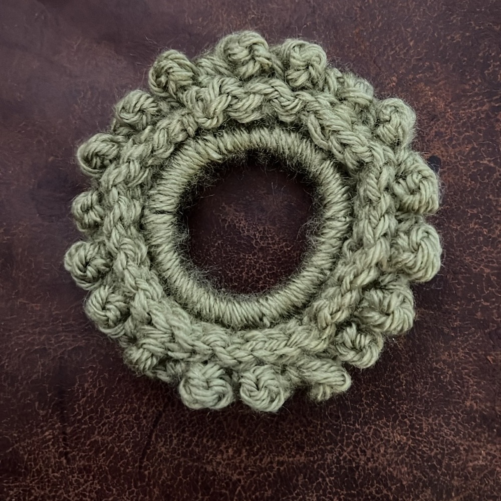 Handmade Green Crochet Hair Scrunchie - Picture 2 of 2